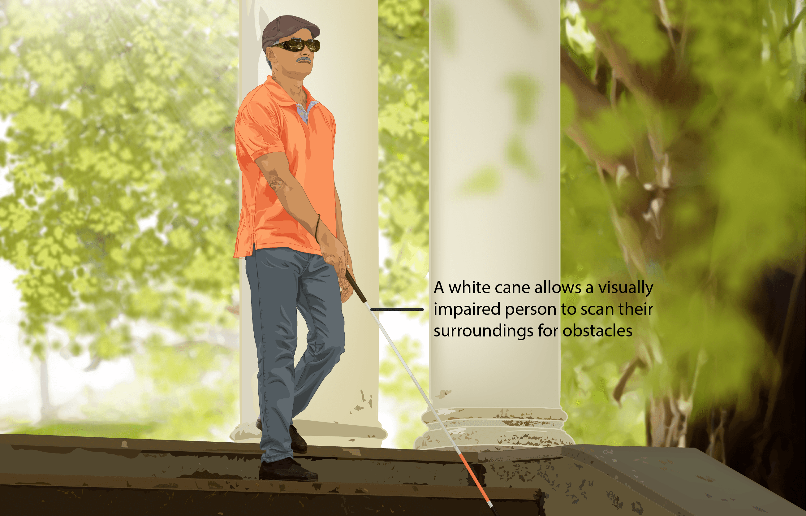 An illustrative depiction of a visually impaired person navigating with a white cane, the tool Steward's ultrasonic device was built to complement, not replace.