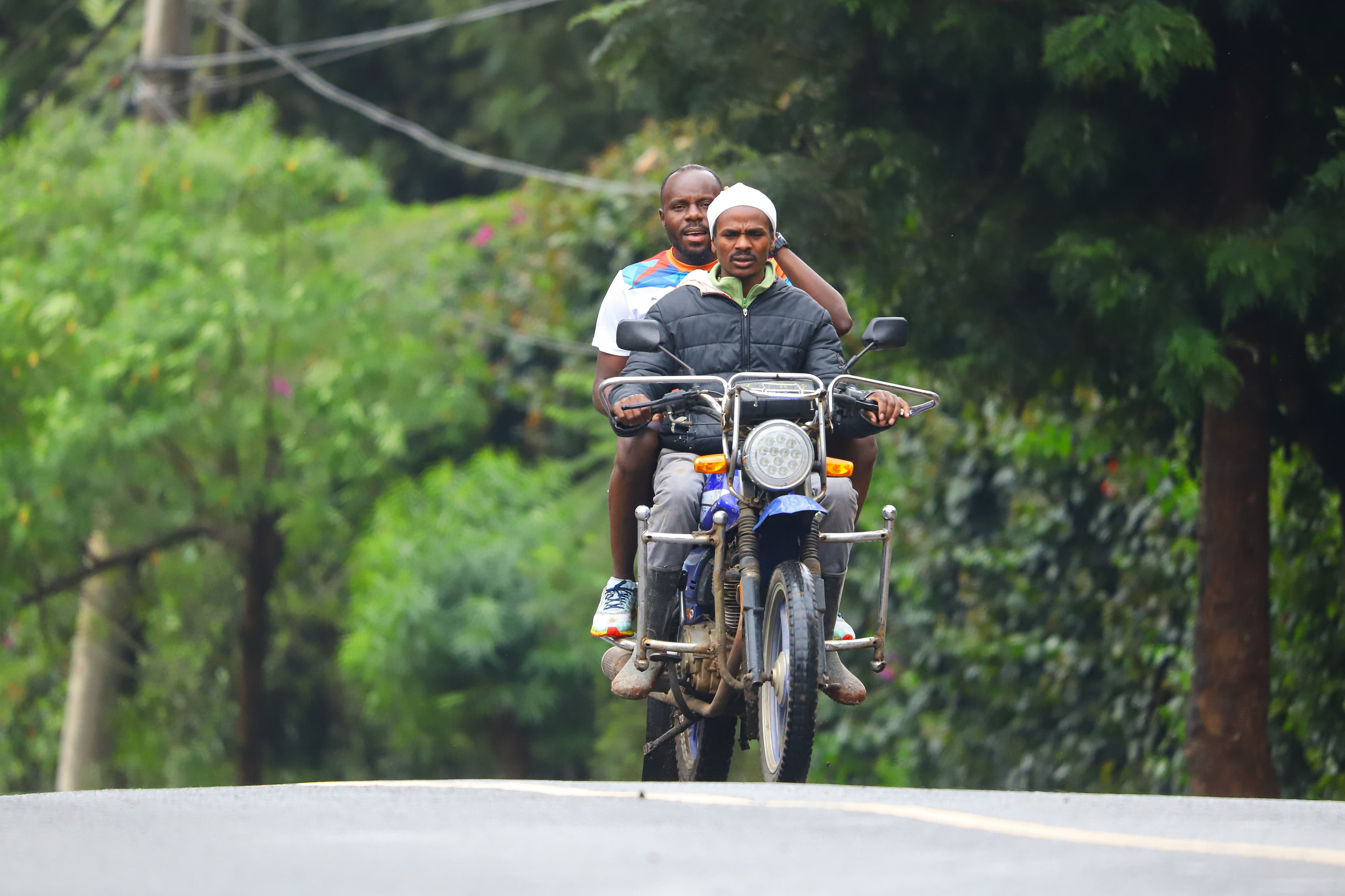 A boda boda motorcycle taxi in Karen, Kenya — illustrative of the two-wheeler transport market that electric-mobility ventures like Spiro are targeting for battery-swap conversion.